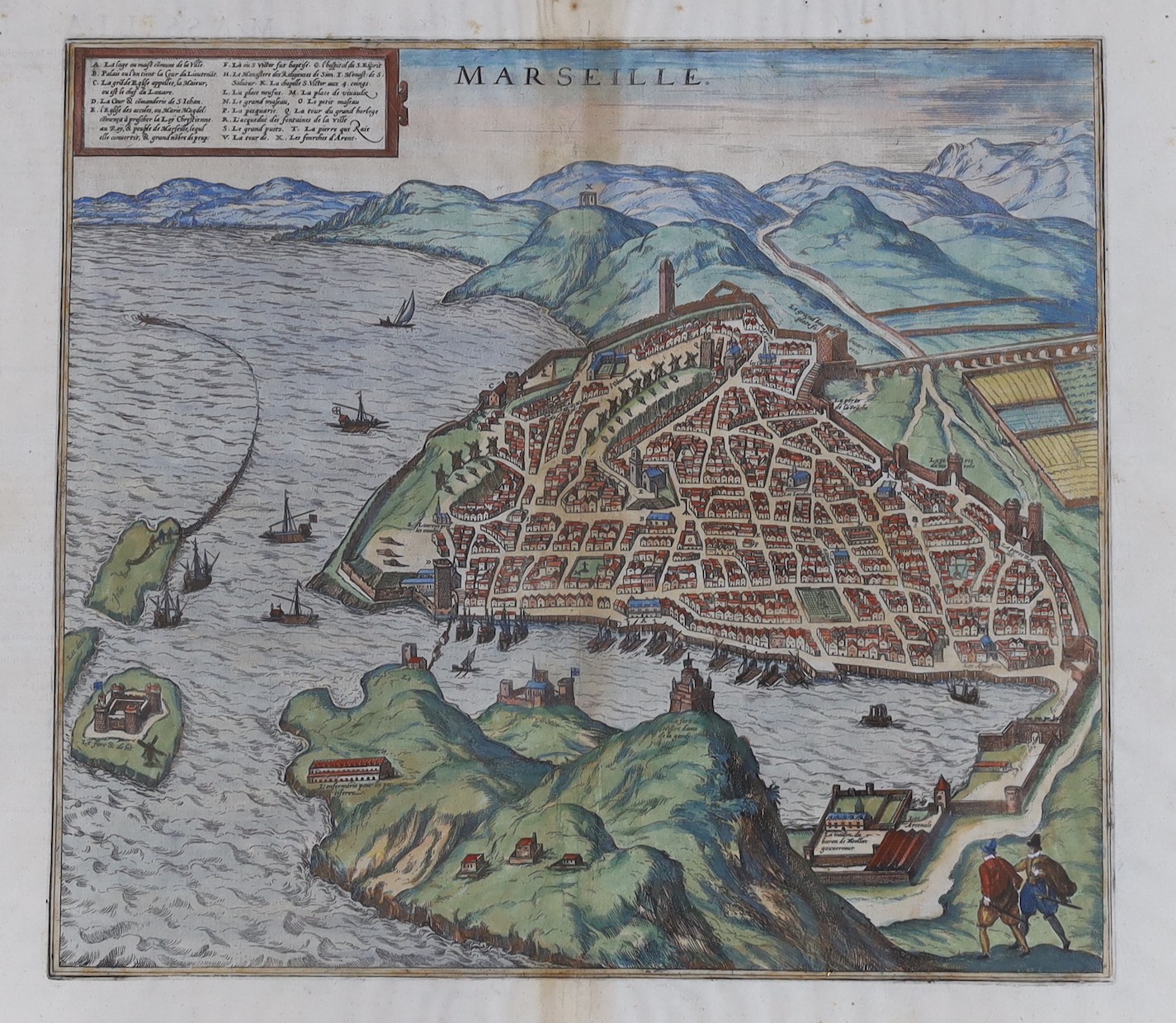 Georg Braun and Frans Hogenberg, coloured engraving, Map of Marseilles, from 'Civitates Orbis Terrarum', c.1572, latin text verso, overall 38 x 52cm